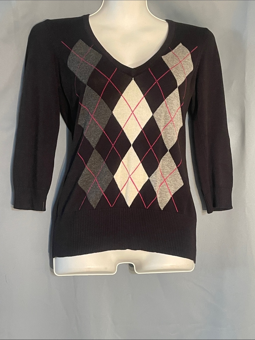 H&M Black V-Neck Argyle Sweater with Pink Stitching